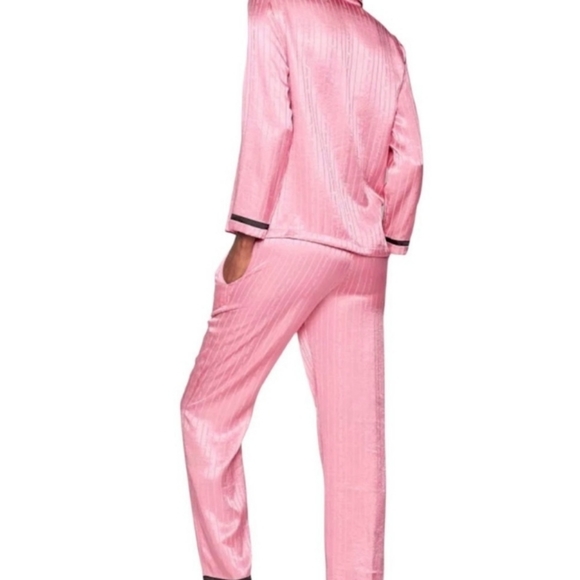 VS Satin Long Sleeve Button Up Pajama Set Black V Embroidery & Pink Pinstripe - Picture 8 of 10